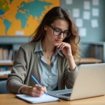 Femme en classe moderne prenant des notes sur son ordinateur
