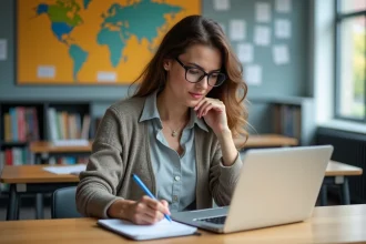 Femme en classe moderne prenant des notes sur son ordinateur
