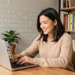 Femme entrepreneur gérant sa boutique en ligne sur un site Wiz depuis son bureau à domicile