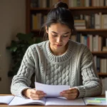 Femme concentrée en train d'étudier une nouvelle approche pédagogique à son bureau avec des cahiers et des notes colorées