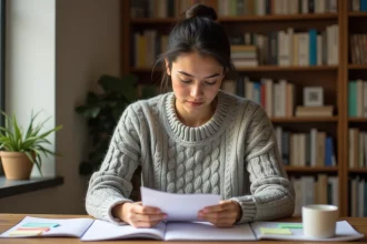 Femme concentrée en train d'étudier une nouvelle approche pédagogique à son bureau avec des cahiers et des notes colorées