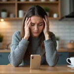 Femme frustrée regardant un SMS perdu sur son iPhone à une table de cuisine