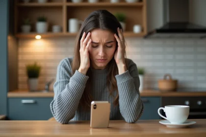 Femme frustrée regardant un SMS perdu sur son iPhone à une table de cuisine