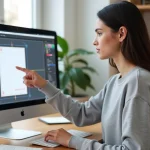 Jeune femme assise devant un écran d'ordinateur affichant un document A4 en pixels dans un logiciel de graphisme