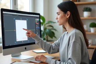 Jeune femme assise devant un écran d'ordinateur affichant un document A4 en pixels dans un logiciel de graphisme