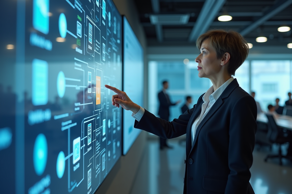 Femme expliquant des flux de données sur un mur numérique interactif