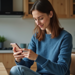 Jeune femme utilisant son iPhone dans une cuisine moderne