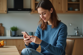 Jeune femme utilisant son iPhone dans une cuisine moderne