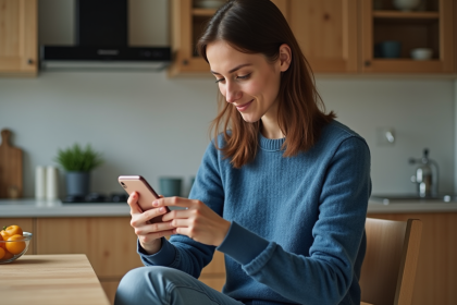 Jeune femme utilisant son iPhone dans une cuisine moderne