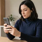Femme tenant un iPhone 15 et vérifiant les paramètres de confidentialité dans un bureau moderne