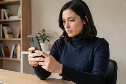 Femme tenant un iPhone 15 et vérifiant les paramètres de confidentialité dans un bureau moderne