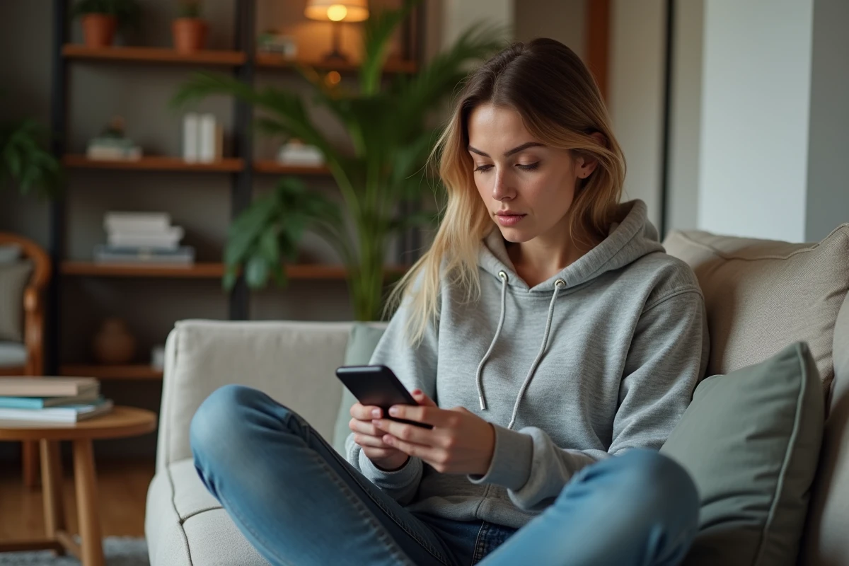 Femme lisant des avis clients sur son smartphone depuis son canapé avec une expression dubitative