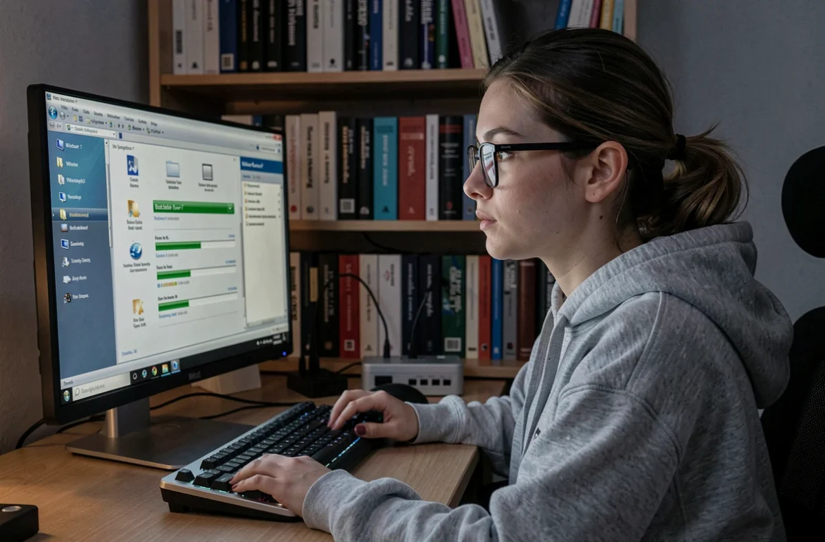 Femme configurant un logiciel de création de clé USB bootable pour Windows 7 64 bits sur un ordinateur de bureau
