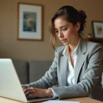 Femme consultant sa messagerie Zimbra sur un ordinateur portable dans un bureau à domicile, symbolisant le questionnement sur le maintien d'une messagerie universitaire après les études