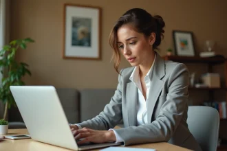 Femme consultant sa messagerie Zimbra sur un ordinateur portable dans un bureau à domicile, symbolisant le questionnement sur le maintien d'une messagerie universitaire après les études