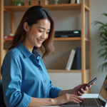 Jeune femme comparant des applications sur son smartphone dans un bureau moderne