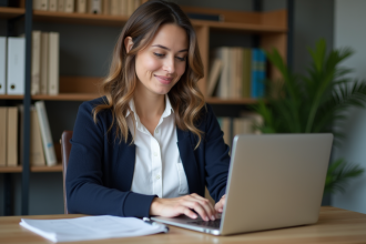 Femme organisée avec un ordinateur dans un bureau professionnel