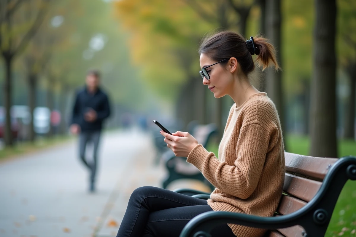 Femme assise sur un banc de parc utilisant son smartphone