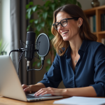 Femme française en train d'enregistrer un podcast dans un bureau moderne