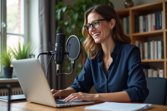 Femme française en train d'enregistrer un podcast dans un bureau moderne