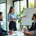 Femme confiante présentant avec un tableau dans un bureau lumineux
