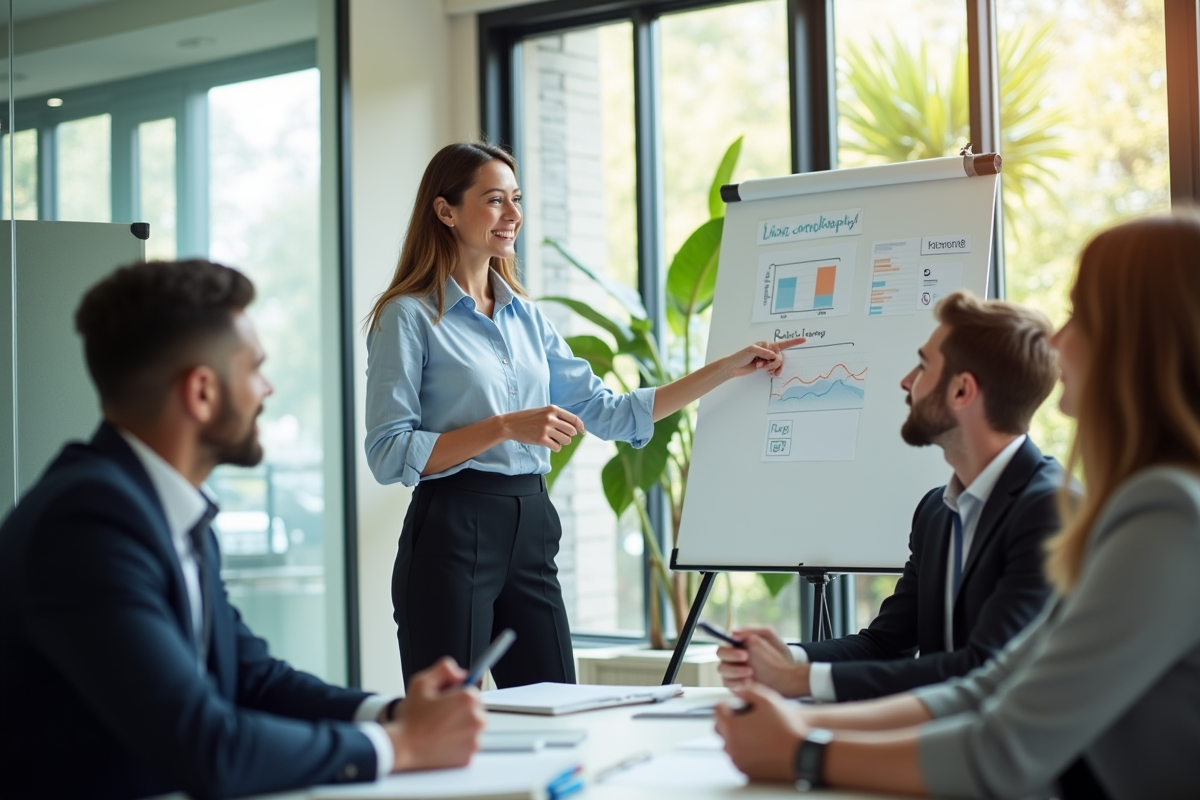 Femme confiante présentant avec un tableau dans un bureau lumineux