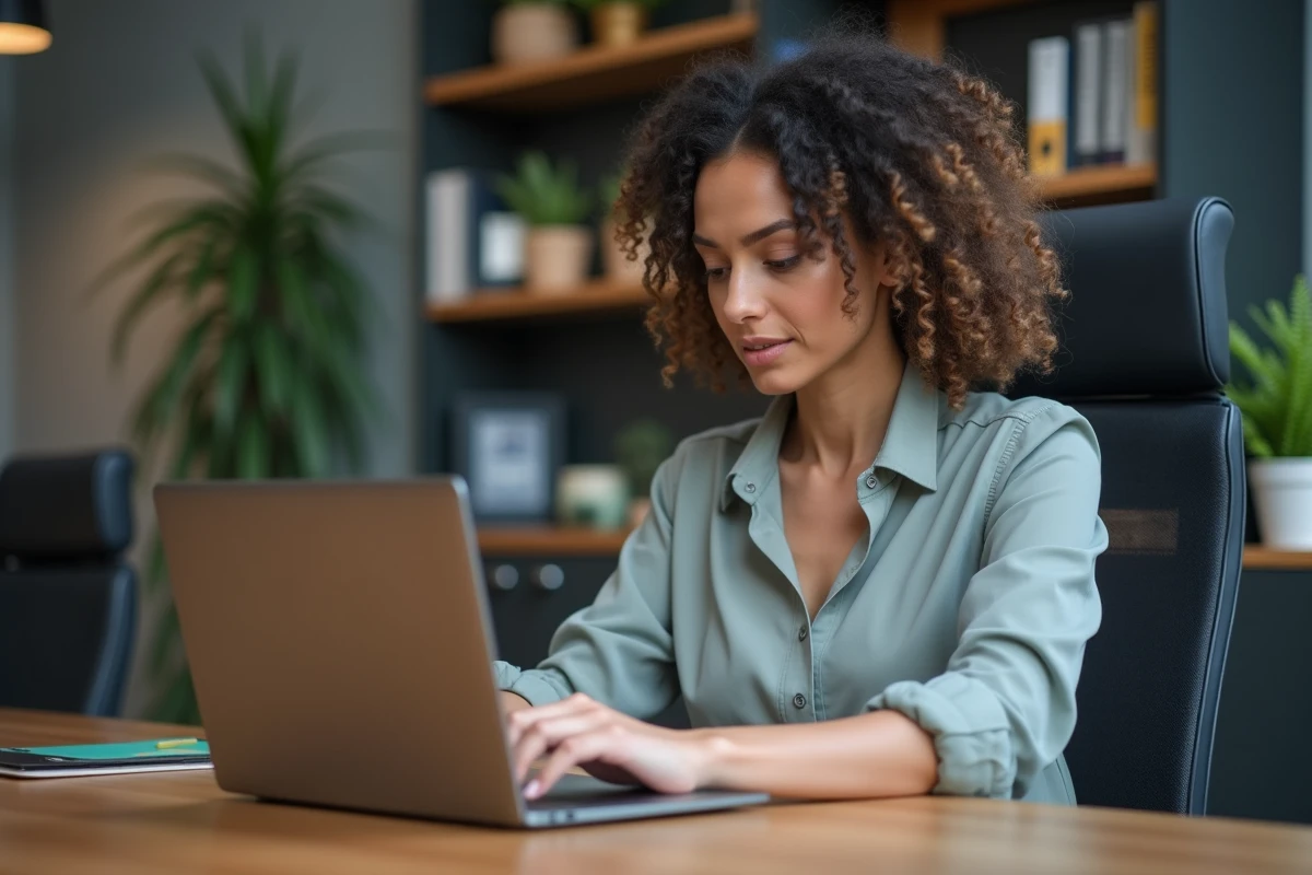 Femme confiante travaillant sur un ordinateur dans un bureau moderne