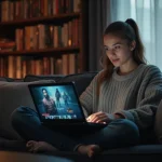 Jeune femme parcourant un catalogue de séries sur son ordinateur portable depuis son canapé en velours sombre