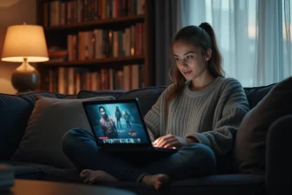 Jeune femme parcourant un catalogue de séries sur son ordinateur portable depuis son canapé en velours sombre