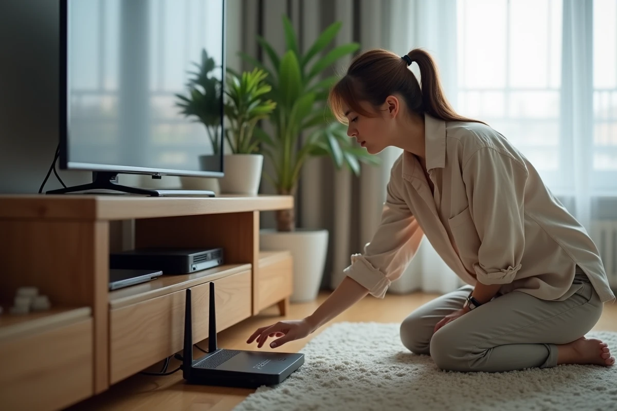 Femme réinitialisant un routeur dans un salon moderne
