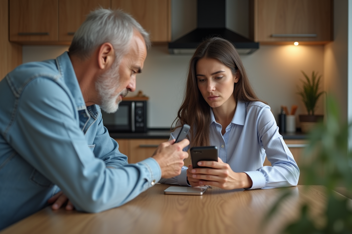 Femme inquiète avec un homme qui prend son téléphone