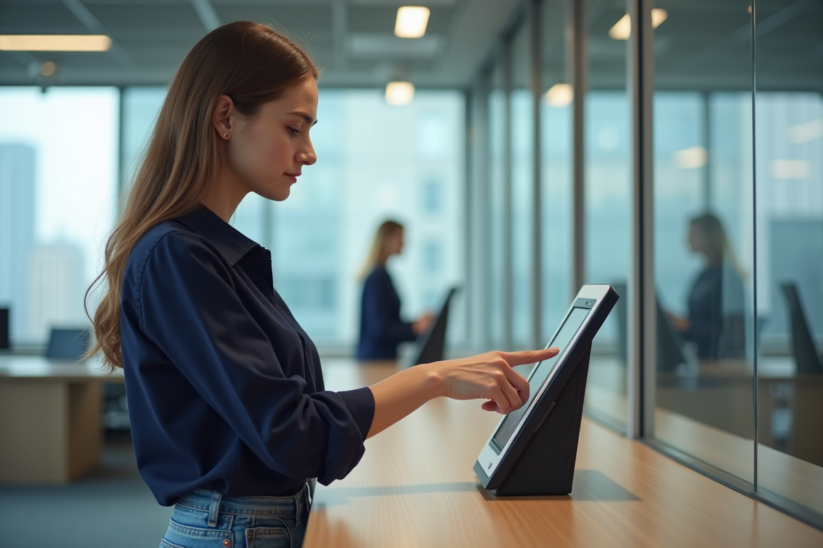 Jeune femme utilisant un scanner d'empreintes digitales