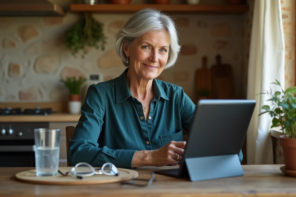 Femme mature en télétravail consultant ses emails sur tablette dans une cuisine rustique de maison de campagne française