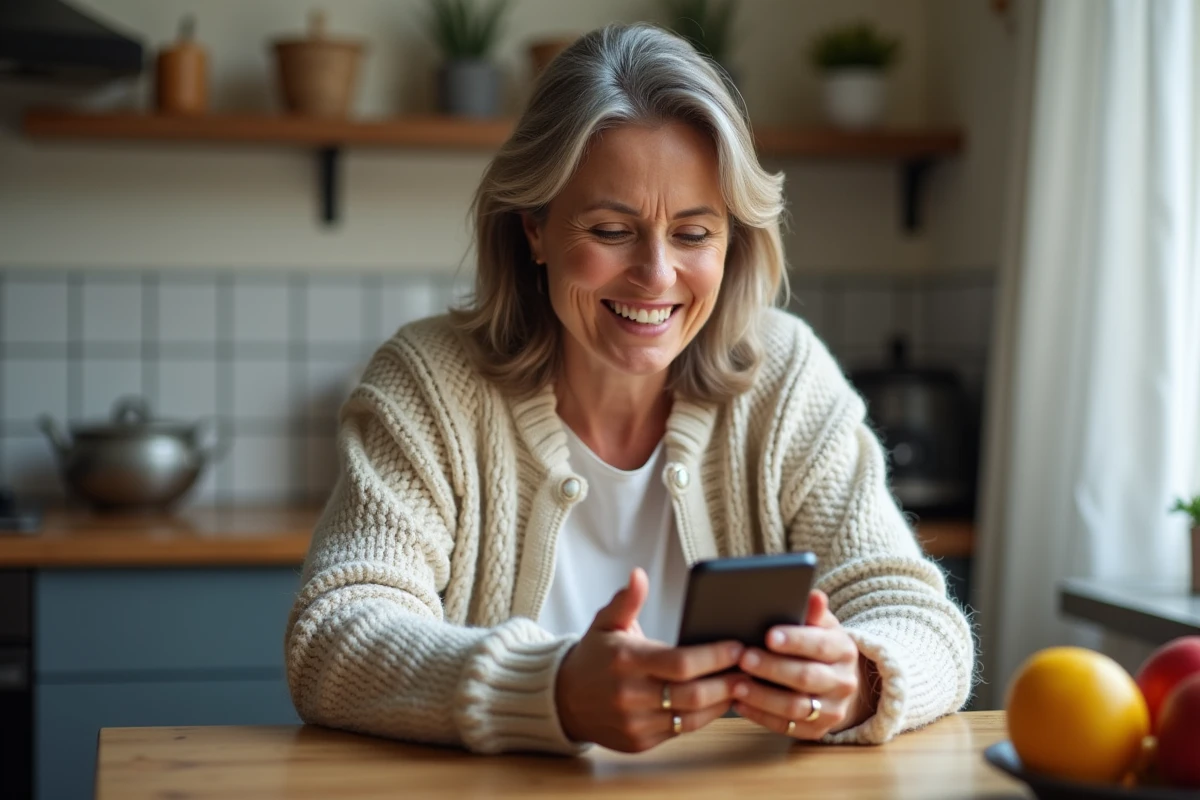 Femme souriante utilisant son smartphone dans la cuisine