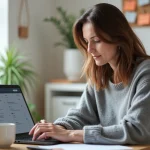 Femme en télétravail consultant sa messagerie webmail sur un ordinateur portable dans un bureau à domicile scandinave