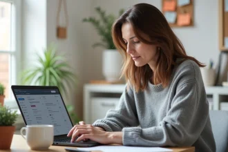 Femme en télétravail consultant sa messagerie webmail sur un ordinateur portable dans un bureau à domicile scandinave