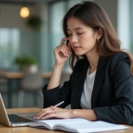 Femme concentrée travaillant sur son ordinateur dans un bureau moderne