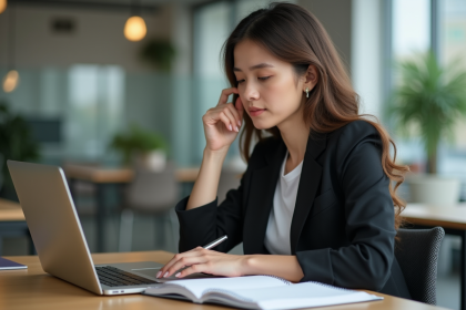 Femme concentrée travaillant sur son ordinateur dans un bureau moderne
