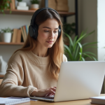 Femme concentrée travaillant sur son ordinateur dans un bureau lumineux