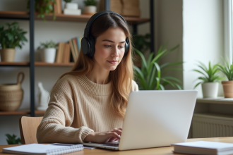 Femme concentrée travaillant sur son ordinateur dans un bureau lumineux