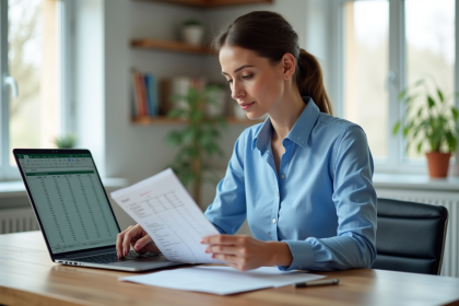 Femme travaillant sur un ordinateur dans un bureau lumineux