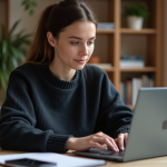 Femme concentrée tapant son mot de passe sur un ordinateur portable