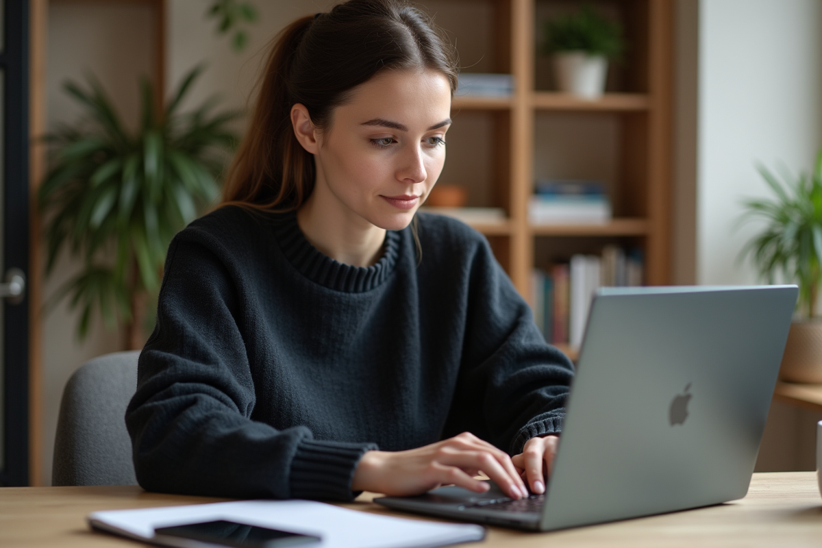 Femme concentrée tapant son mot de passe sur un ordinateur portable