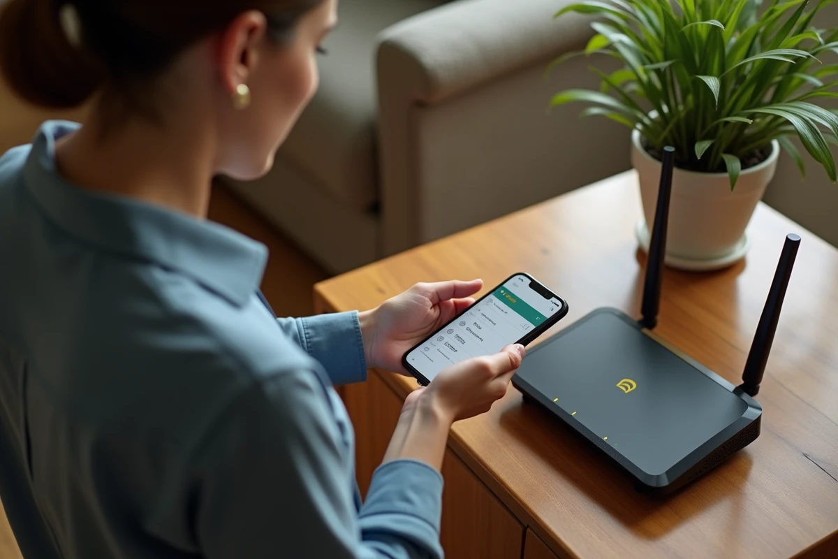 Femme examinant un routeur WiFi dans un salon chaleureux