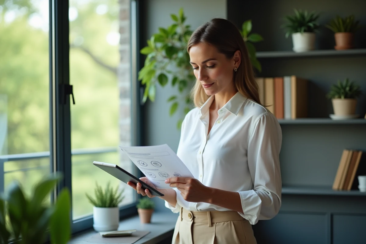 Femme vérifiant une checklist de sécurité dans un bureau privé