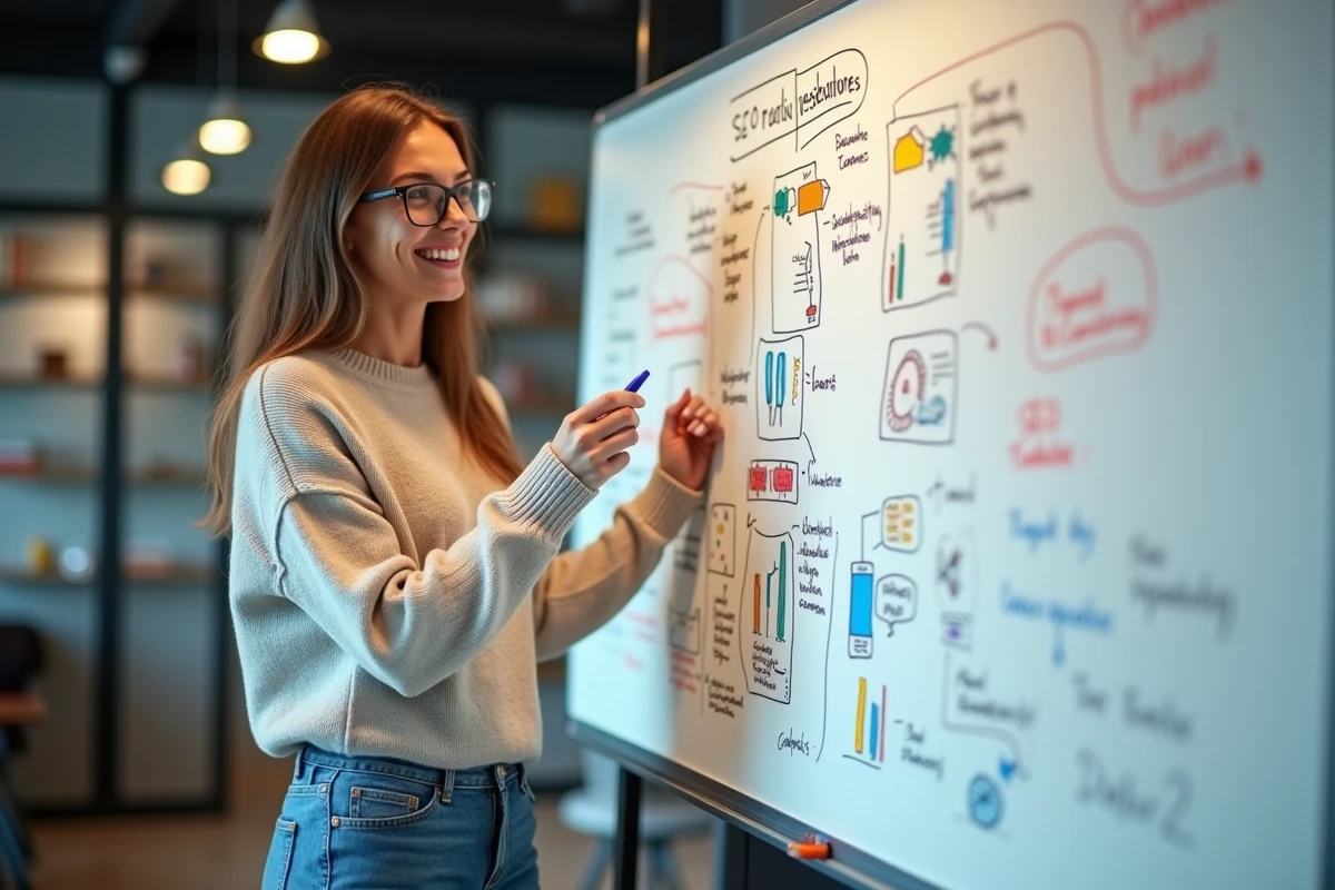 Femme souriante expliquant des diagrammes SEO sur un tableau blanc