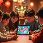 Scène festive entre amis jouant à un jeu snake sur une tablette
