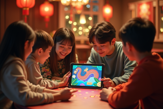 Scène festive entre amis jouant à un jeu snake sur une tablette