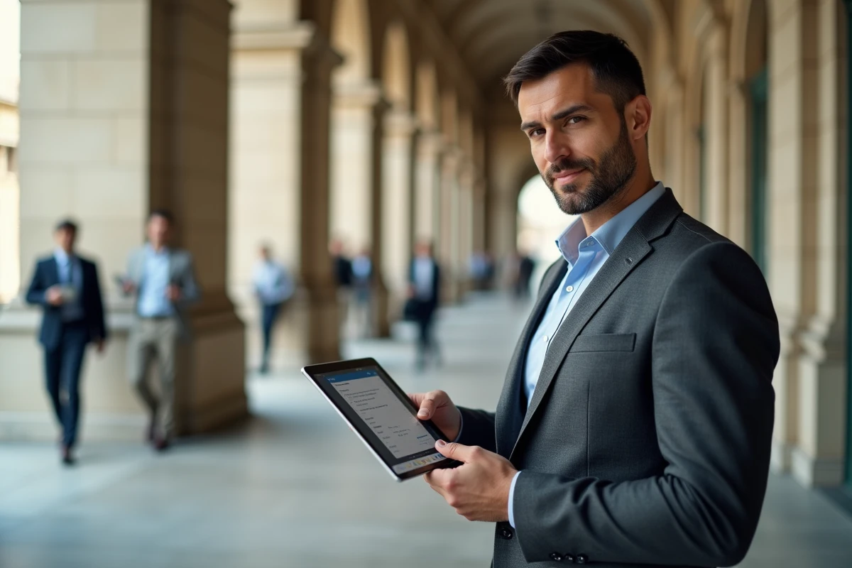 Fonctionnaire municipal consultant le nouveau webmail Mel sur une tablette dans les couloirs d'une mairie