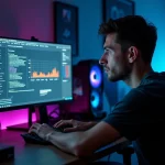Jeune gamer frustré devant un PC avec une consommation excessive et une mauvaise configuration système